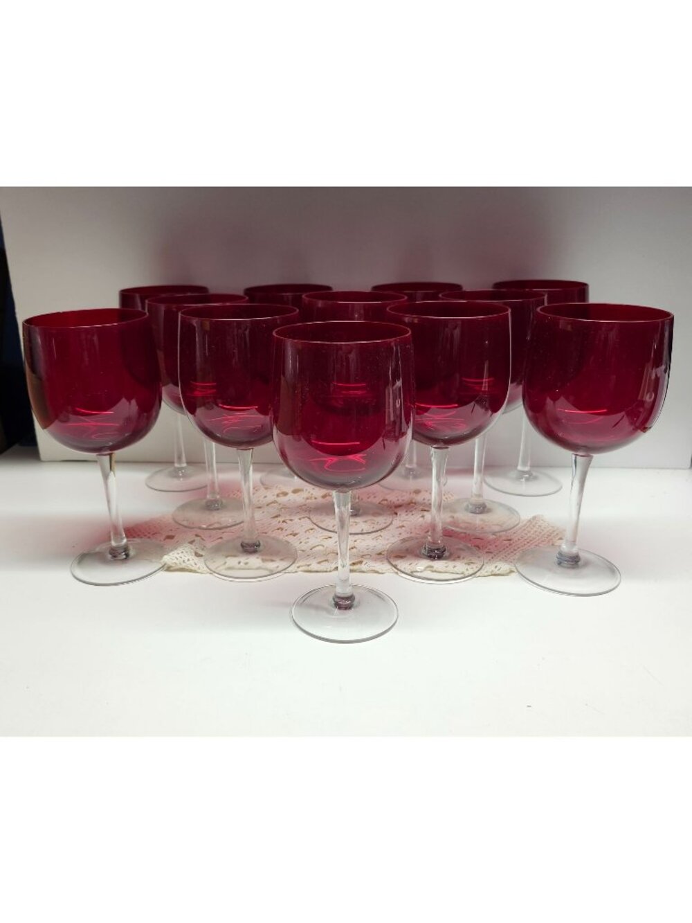 12- Ruby Red Wine Glasses Clear Stem Large Goblets